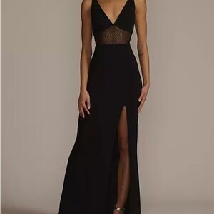 floor length crepe gown with beaded mesh detail